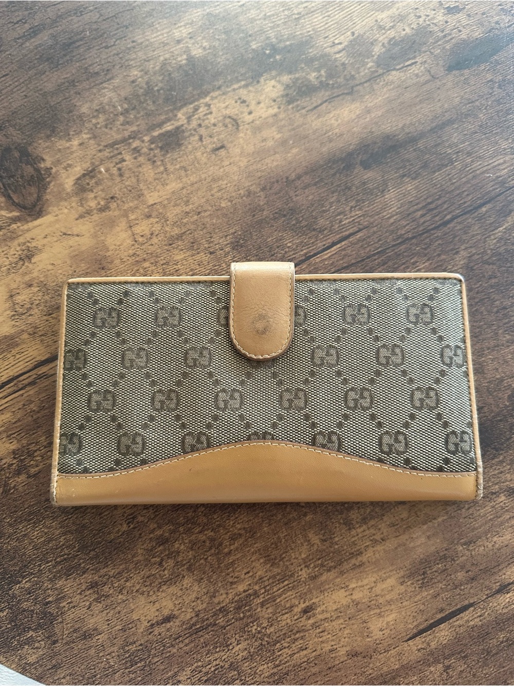 Gucci Monogram Canvas Wallet with Tan Leather Trim